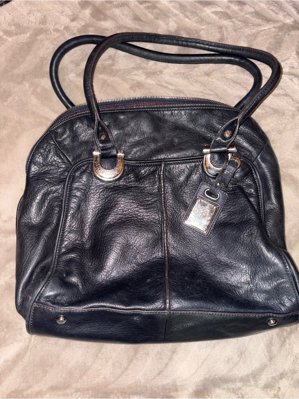 b. makowsky Black Leather Tote with Silver Hardware